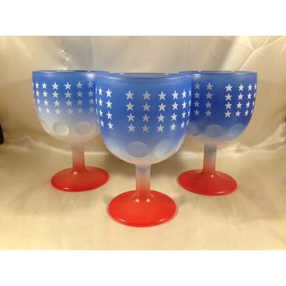 Bartlett Collins Old Glory Goblet Red Blue w/ White Stars Thumbprint Glass Set/3